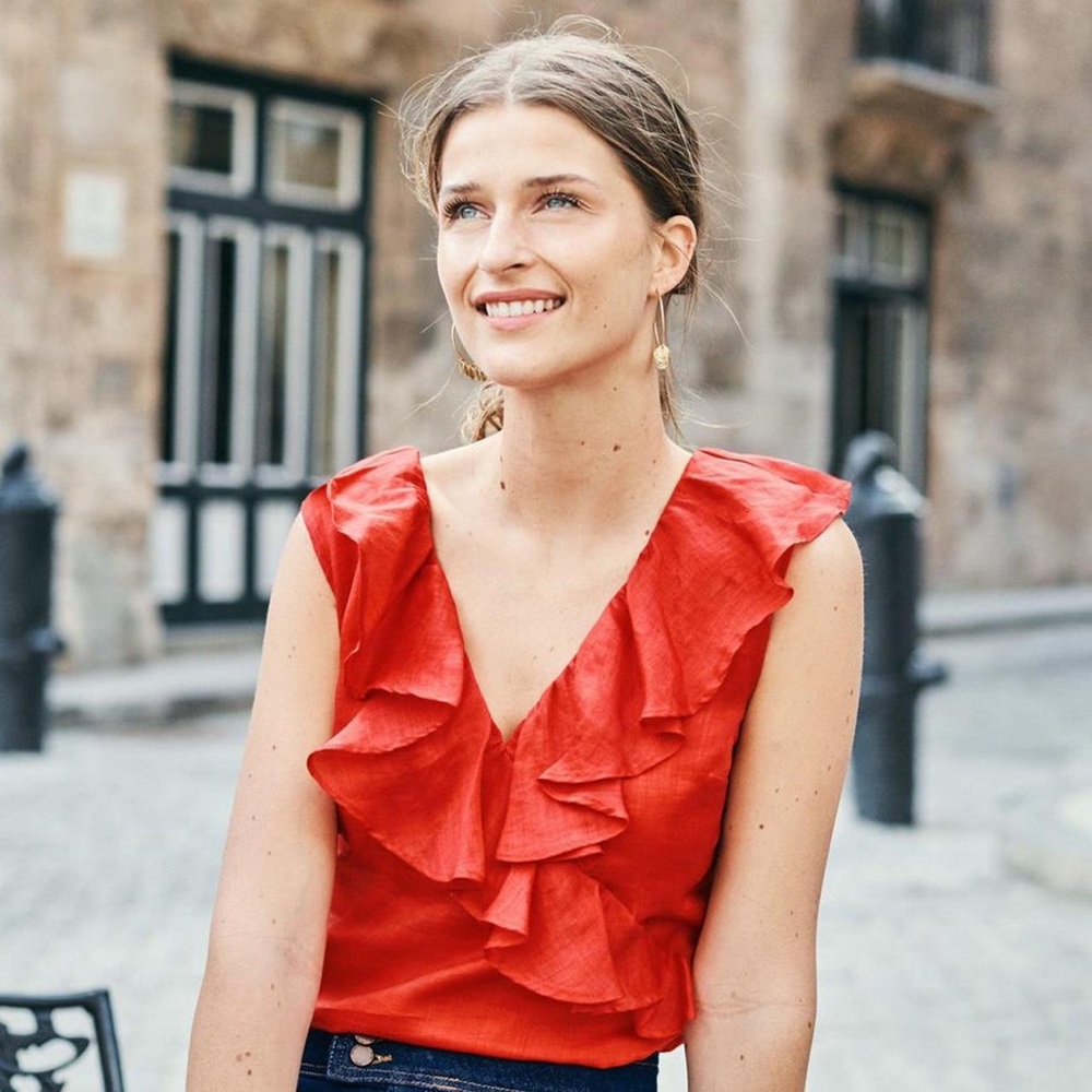 Boden Alicia Red Ruffle sleeveless linen blouse
